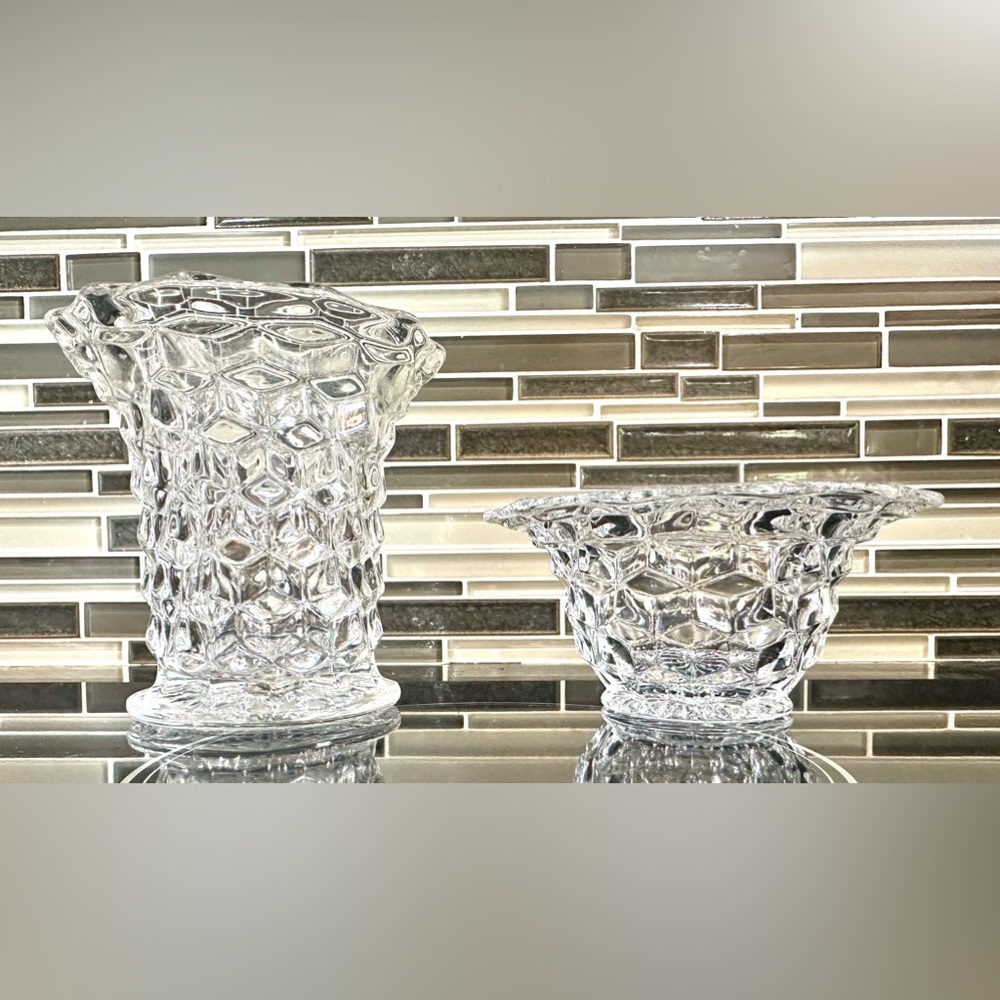 Vtg Fostoria American Crystal Cubist Flared Mouth Cylinder Vase and Candy Dish